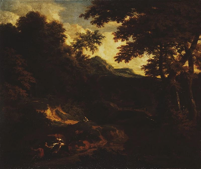 Paesaggio forestale con figure lungo la strada - Hermitage, San Pietroburgo